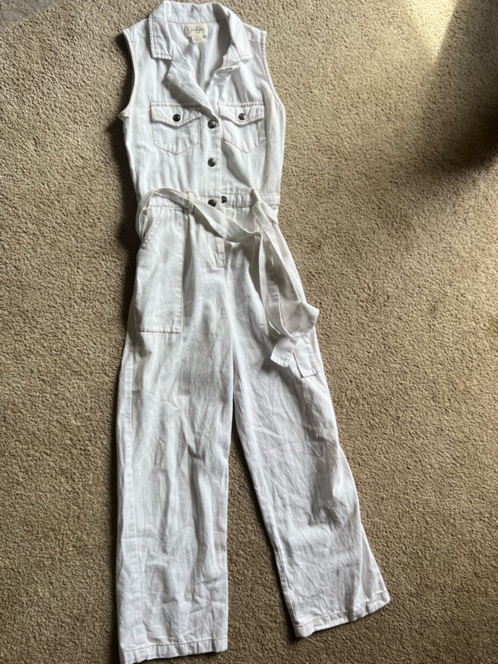 Jessica Simpson Sleeveless White denim Utility Jumpsuit with Belt